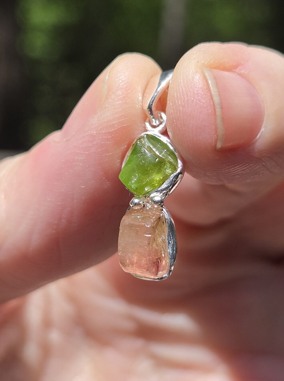 Tourmaline Green & Peach Natural Gemstone Sterling Pendant - Picture 4 of 6